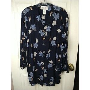 Amanda Nicole Woman Tunic Button Shirt Long Sleeve Blue Floral Mature Boho...